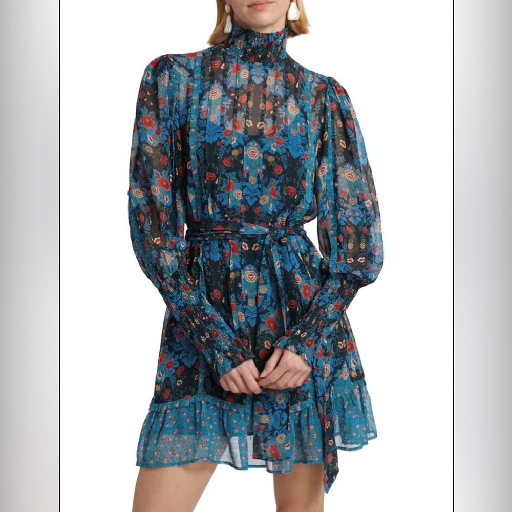 FARM Rio Teal and Black Floral Long-Sleeve Smocked Neck Dress